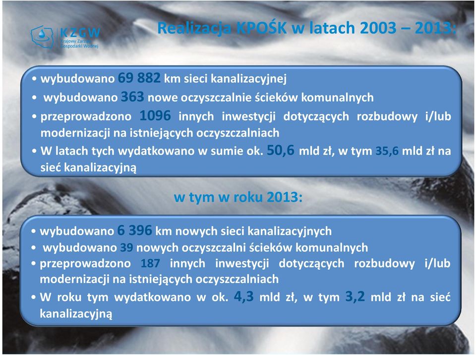 50,6 mld zł, w tym 35,6 mld zł na sieć kanalizacyjną w tym w roku 2013: wybudowano 6 396 km nowych sieci kanalizacyjnych wybudowano 39 nowych oczyszczalni