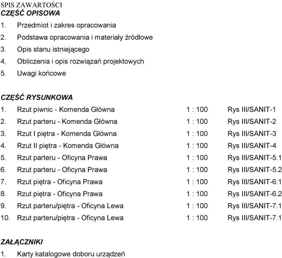 Rzut I piętra - Komenda Główna 1 : 100 Rys III/SANIT-3 4. Rzut II piętra - Komenda Główna 1 : 100 Rys III/SANIT-4 5. Rzut parteru - Oficyna Prawa 1 : 100 Rys III/SANIT-5.1 6.