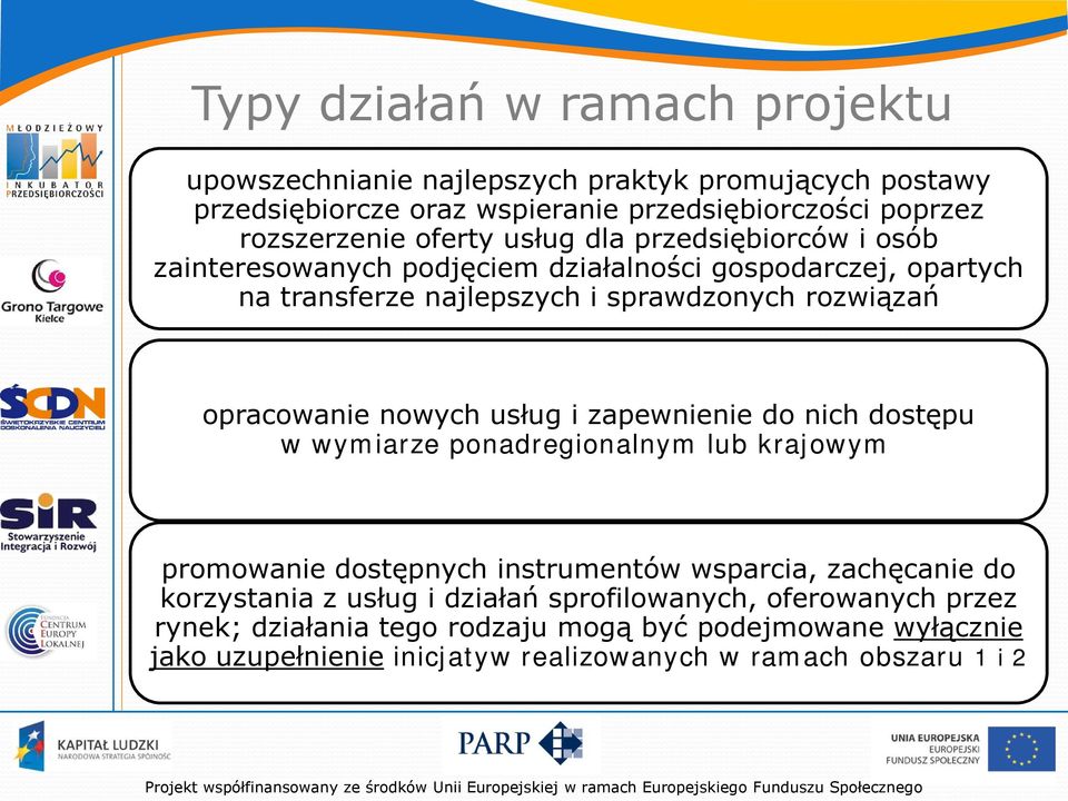 opracowanie nowych usług i zapewnienie do nich dostępu w wymiarze ponadregionalnym lub krajowym promowanie dostępnych instrumentów wsparcia, zachęcanie do