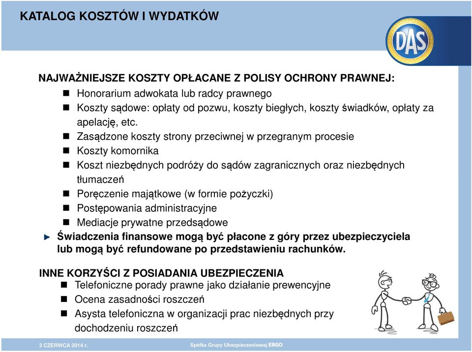 Zasądzone koszty strony przeciwnej w przegranym procesie Koszty komornika Koszt niezbędnych podróży do sądów zagranicznych oraz niezbędnych tłumaczeń Poręczenie majątkowe (w formie pożyczki)