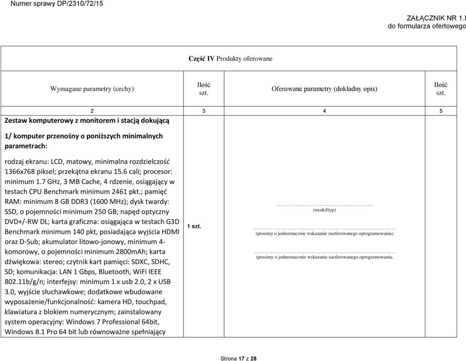 ekranu 15.6 cali; procesor: minimum 1.7 GHz, 3 MB Cache, 4 rdzenie, osiągający w testach CPU Benchmark minimum 2461 pkt.