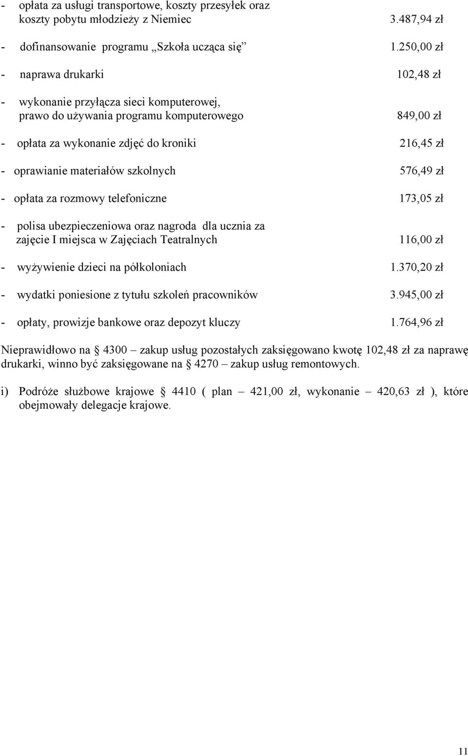 materiałów szkolnych 576,49 zł - opłata za rozmowy telefoniczne 173,05 zł - polisa ubezpieczeniowa oraz nagroda dla ucznia za zajęcie I miejsca w Zajęciach Teatralnych 116,00 zł - wyżywienie dzieci