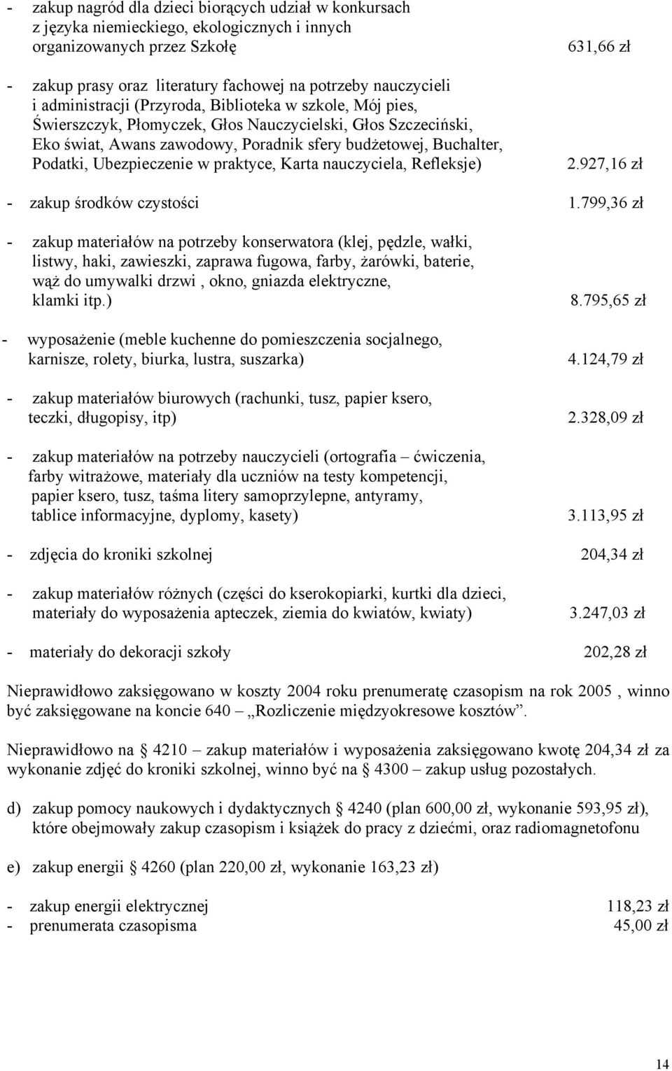 Ubezpieczenie w praktyce, Karta nauczyciela, Refleksje) 631,66 zł 2.927,16 zł - zakup środków czystości 1.