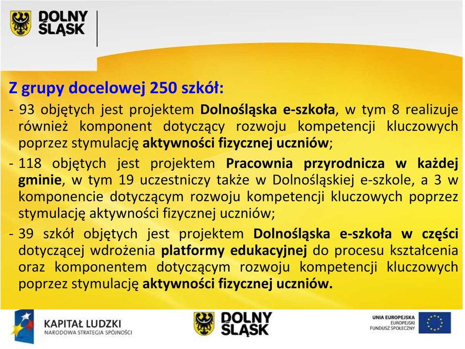 w komponencie dotyczącym rozwoju kompetencji kluczowych poprzez stymulację aktywności fizycznej uczniów; - 39 szkół objętych jest projektem Dolnośląska e-szkoła w