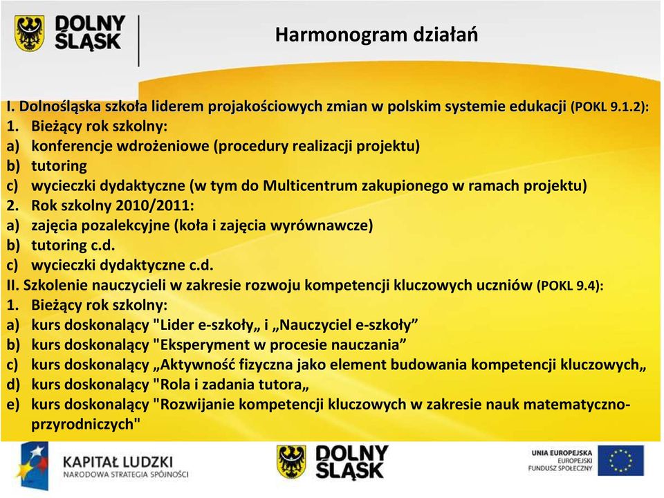 Rok szkolny 2010/2011: a) zajęcia pozalekcyjne (koła i zajęcia wyrównawcze) b) tutoring c.d. c) wycieczki dydaktyczne c.d. II.