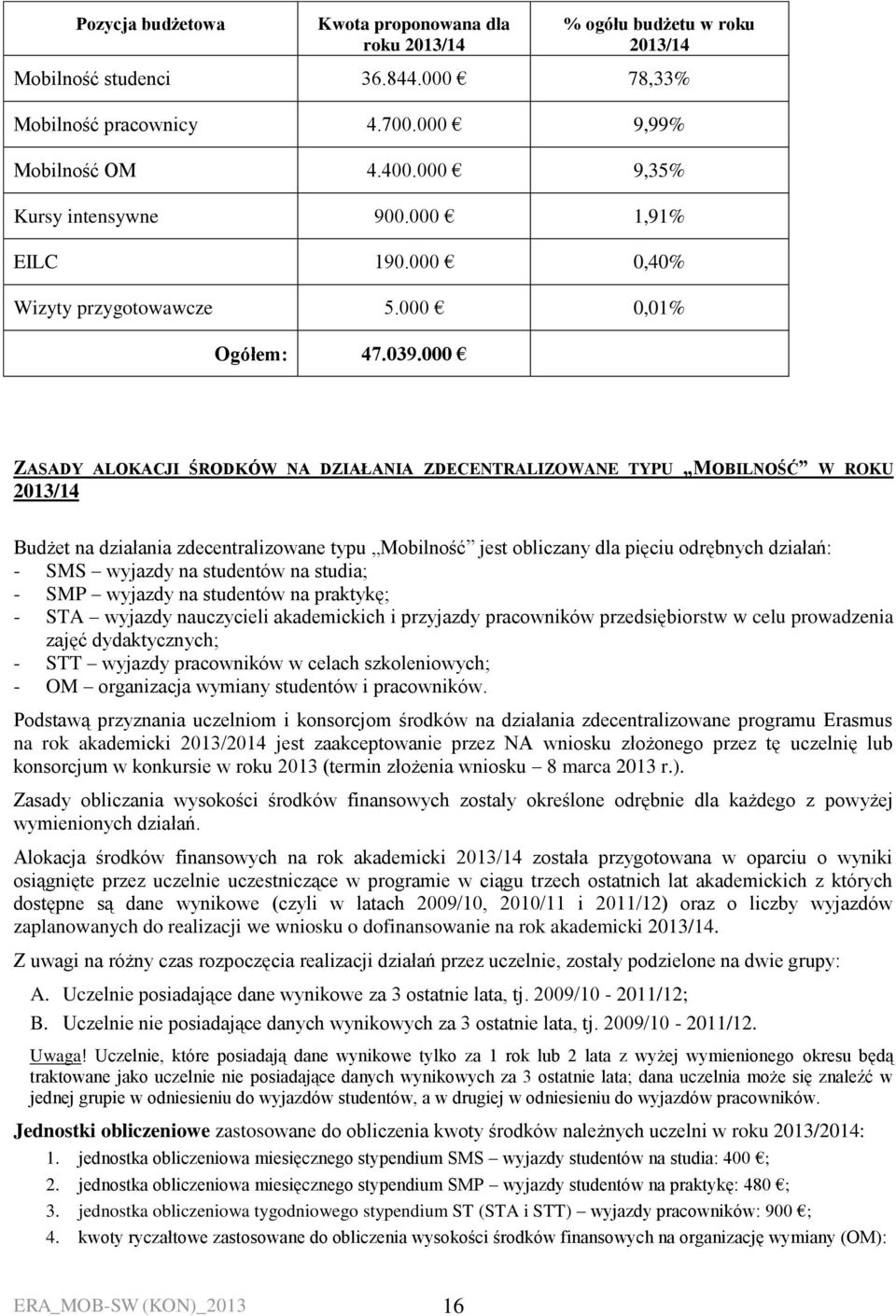 000 ZASADY ALOKACJI ŚRODKÓW NA DZIAŁANIA ZDECENTRALIZOWANE TYPU MOBILNOŚĆ W ROKU 2013/14 Budżet na działania zdecentralizowane typu Mobilność jest obliczany dla pięciu odrębnych działań: - SMS