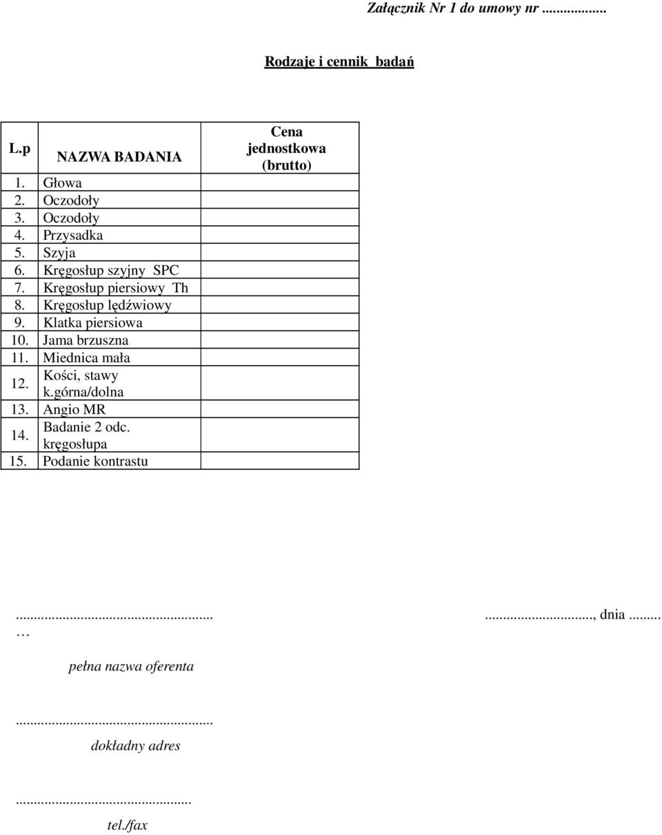 Klatka piersiowa 10. Jama brzuszna 11. Miednica mała 12. Kości, stawy k.górna/dolna 13. Angio MR 14.