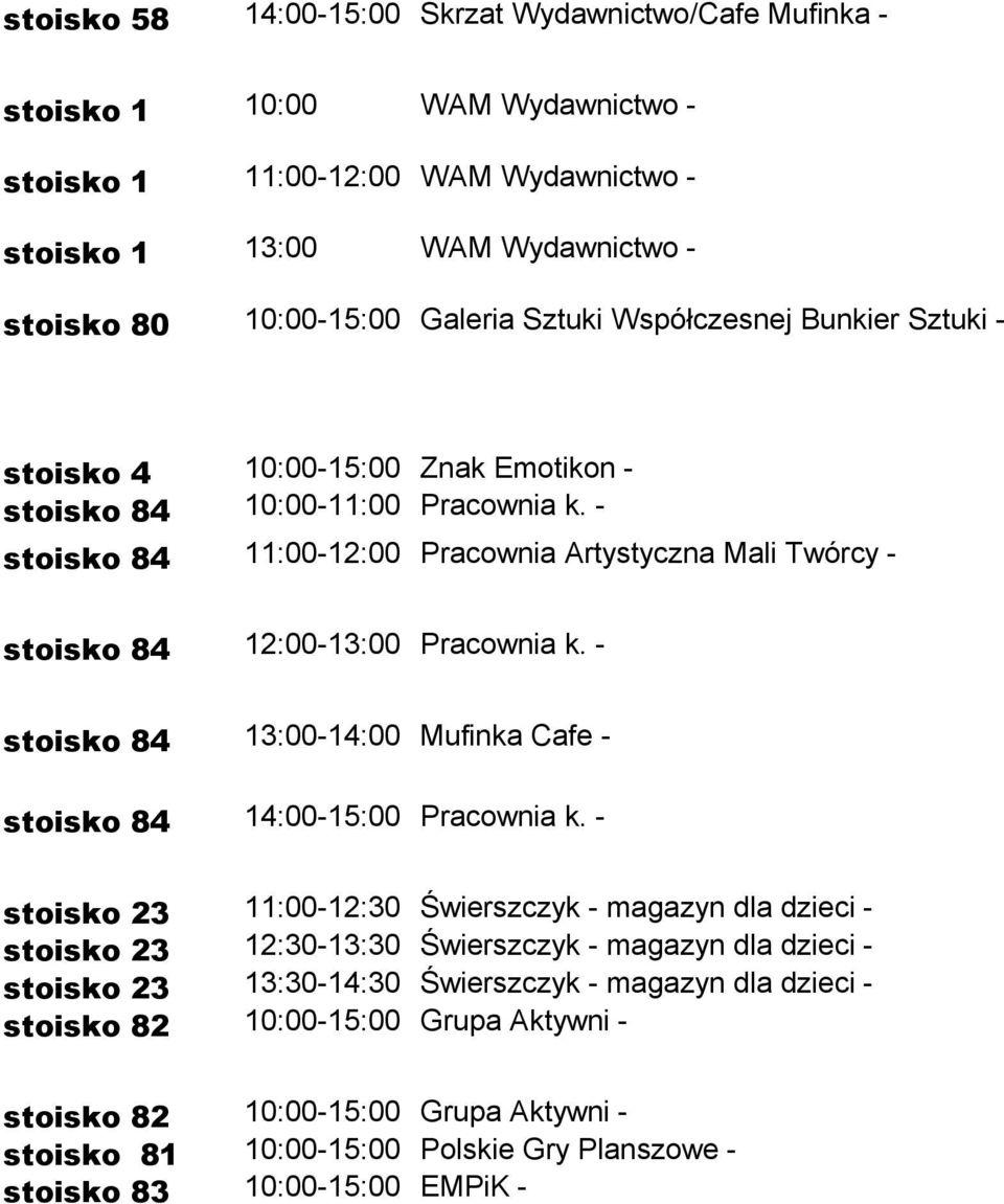- stoisko 84 11:00-12:00 Pracownia Artystyczna Mali Twórcy - stoisko 84 12:00-13:00 Pracownia k. - stoisko 84 13:00-14:00 Mufinka Cafe - stoisko 84 14:00-15:00 Pracownia k.