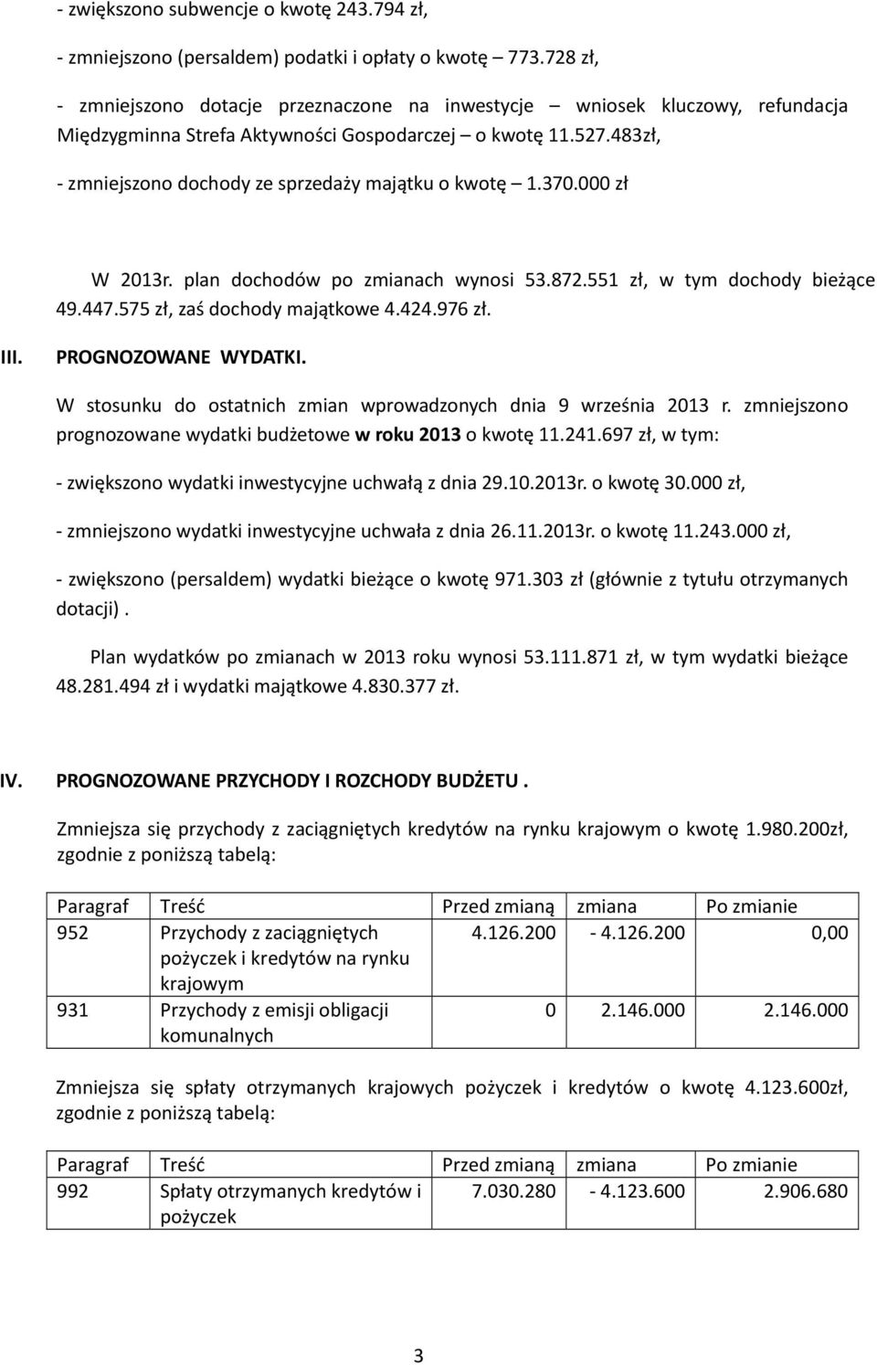 483zł, zmniejszono dochody ze sprzedaży majątku o kwotę 1.370.000 zł W 2013r. plan dochodów po zmianach wynosi 53.872.551 zł, w tym dochody bieżące 49.447.575 zł, zaś dochody majątkowe 4.424.976 zł.