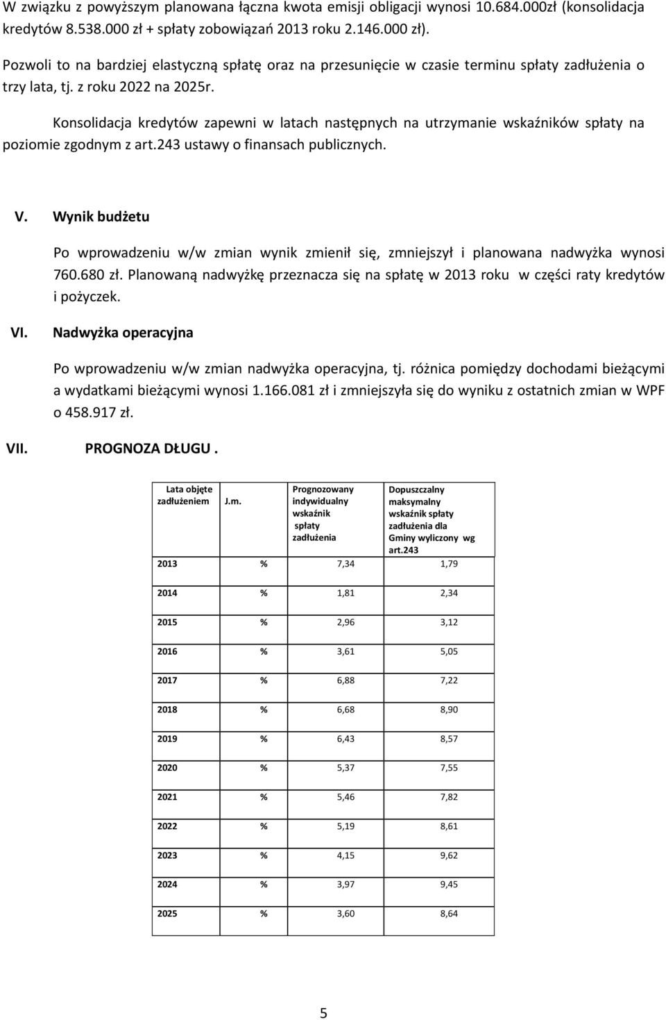 Konsolidacja kredytów zapewni w latach następnych na utrzymanie wskaźników spłaty na poziomie zgodnym z art.243 ustawy o finansach publicznych. V.