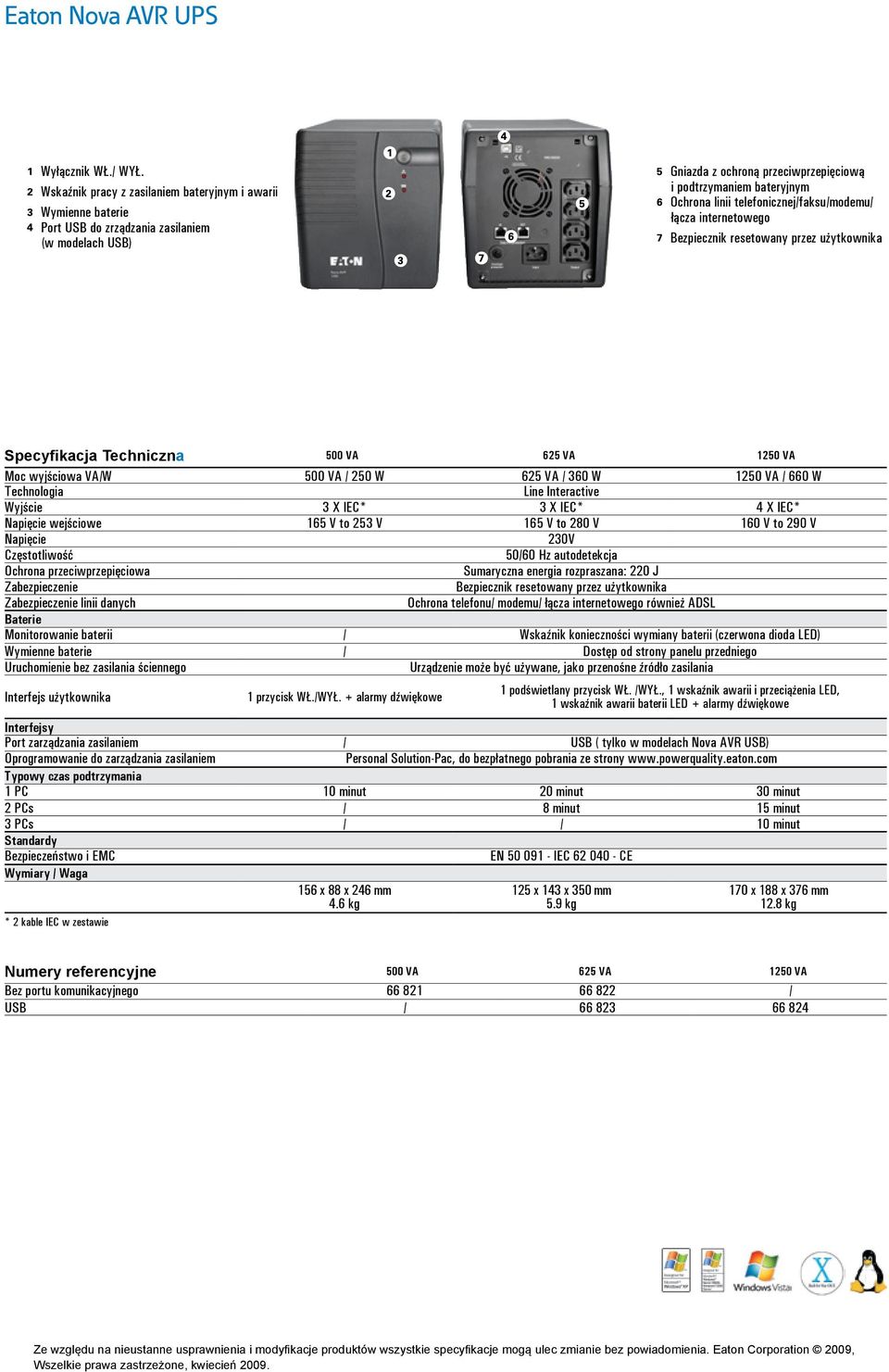 telefonicznej/faksu/modemu/ łącza internetowego Bezpiecznik resetowany przez użytkownika Specyfikacja Techniczna 500 VA 625 VA 1250 VA Moc wyjściowa VA/W 500 VA / 250 W 625 VA / 360 W 1250 VA / 660 W