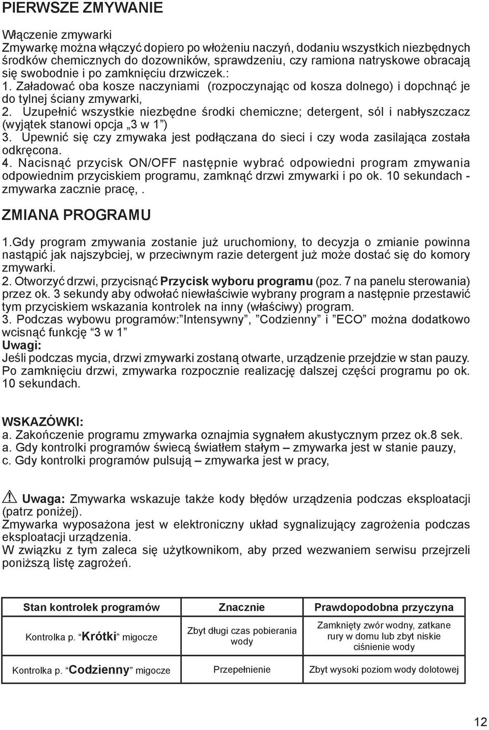 Uzupełnić wszystkie niezbędne środki chemiczne; detergent, sól i nabłyszczacz (wyjątek stanowi opcja 3 w 1 ) 3.