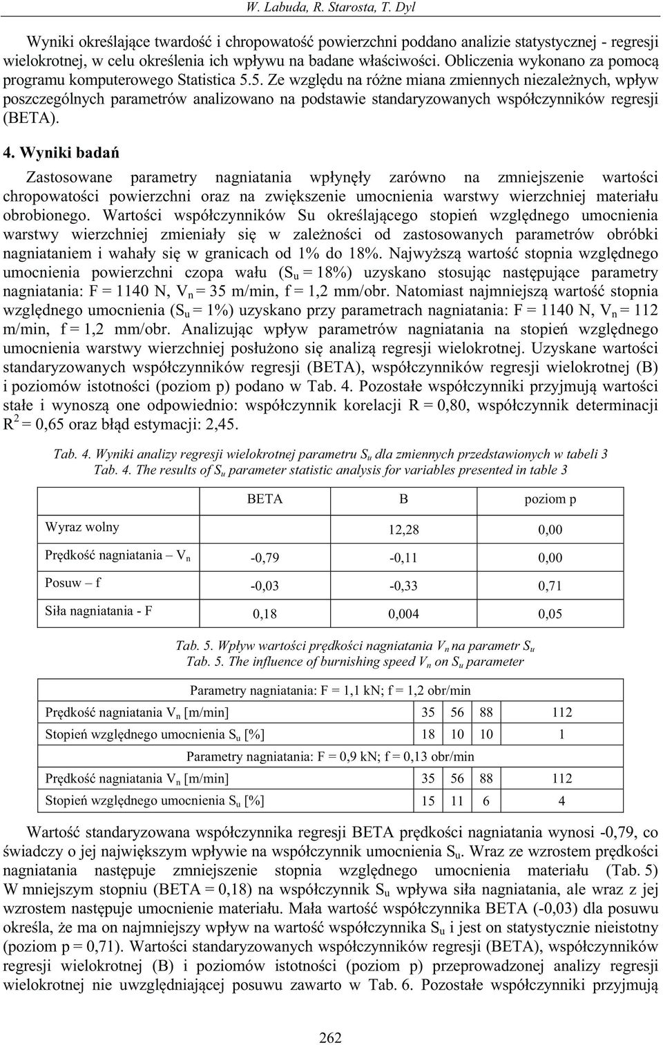 5. Ze wzgldu na róne miana zmiennych niezalenych, wpyw poszczególnych parametrów analizowano na podstawie standaryzowanych wspóczynników regresji (BETA). 4.