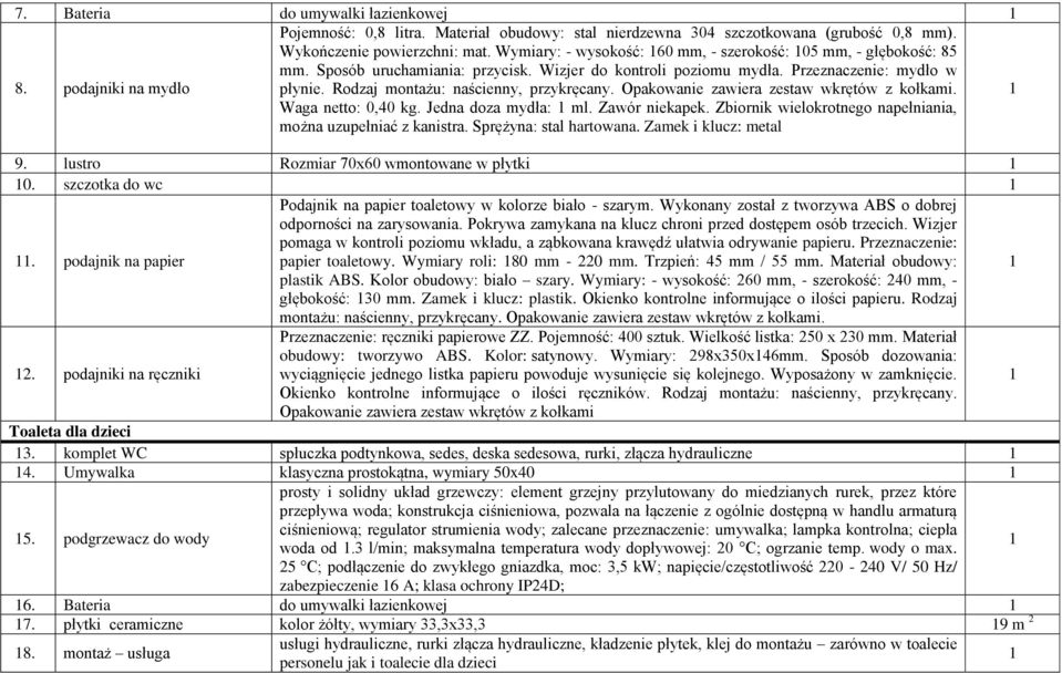 Rodzaj montażu: naścienny, przykręcany. Opakowanie zawiera zestaw wkrętów z kołkami. Waga netto: 0,40 kg. Jedna doza mydła: ml. Zawór niekapek.