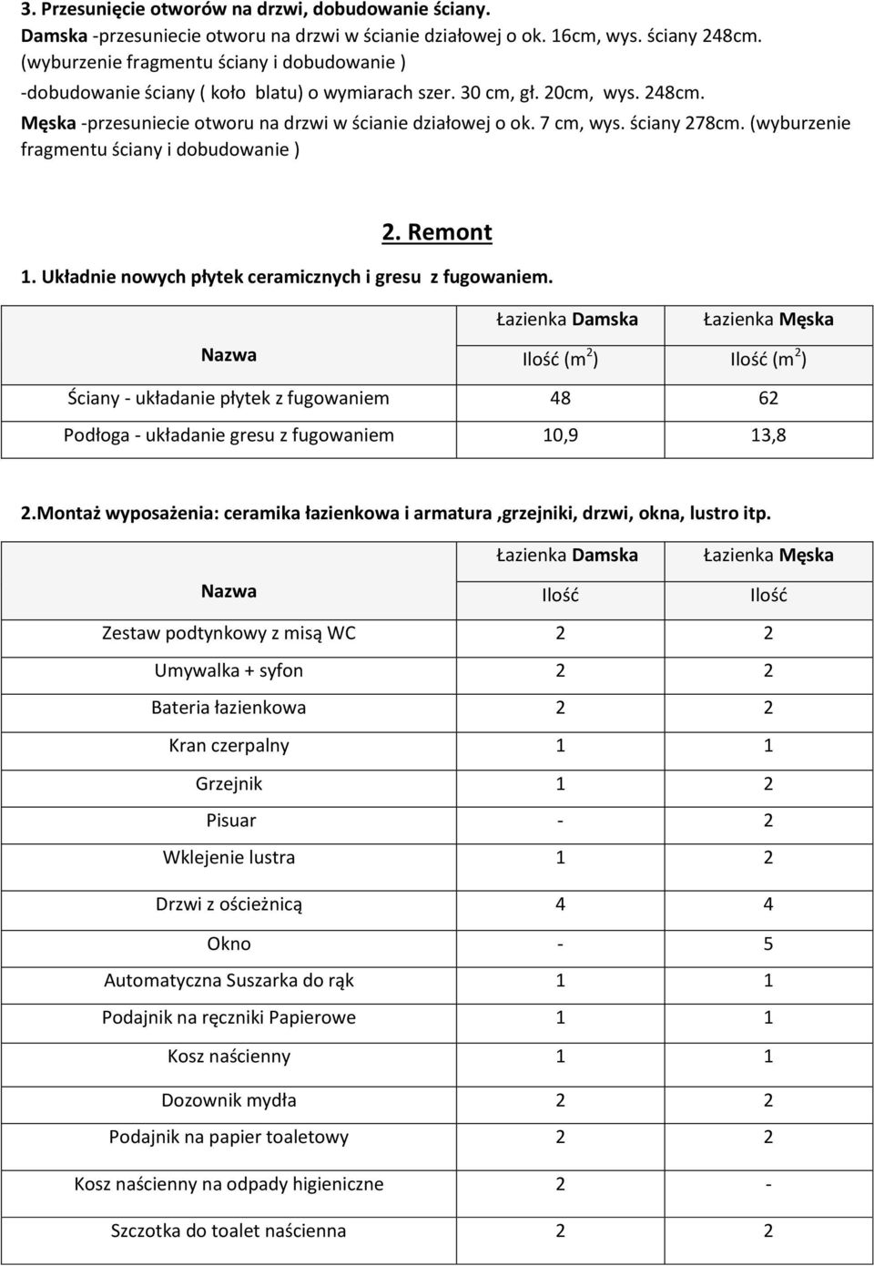 ściany 278cm. (wyburzenie fragmentu ściany i dobudowanie ) 2. Remont 1. Układnie nowych płytek ceramicznych i gresu z fugowaniem.
