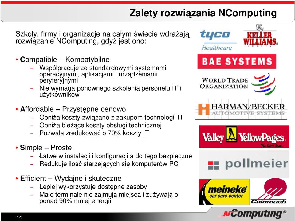 Obniża bieżące koszty obsługi technicznej Pozwala zredukować o 70% koszty IT Simple Proste Łatwe w instalacji i konfiguracji a do tego bezpieczne Redukuje ilość starzejących się