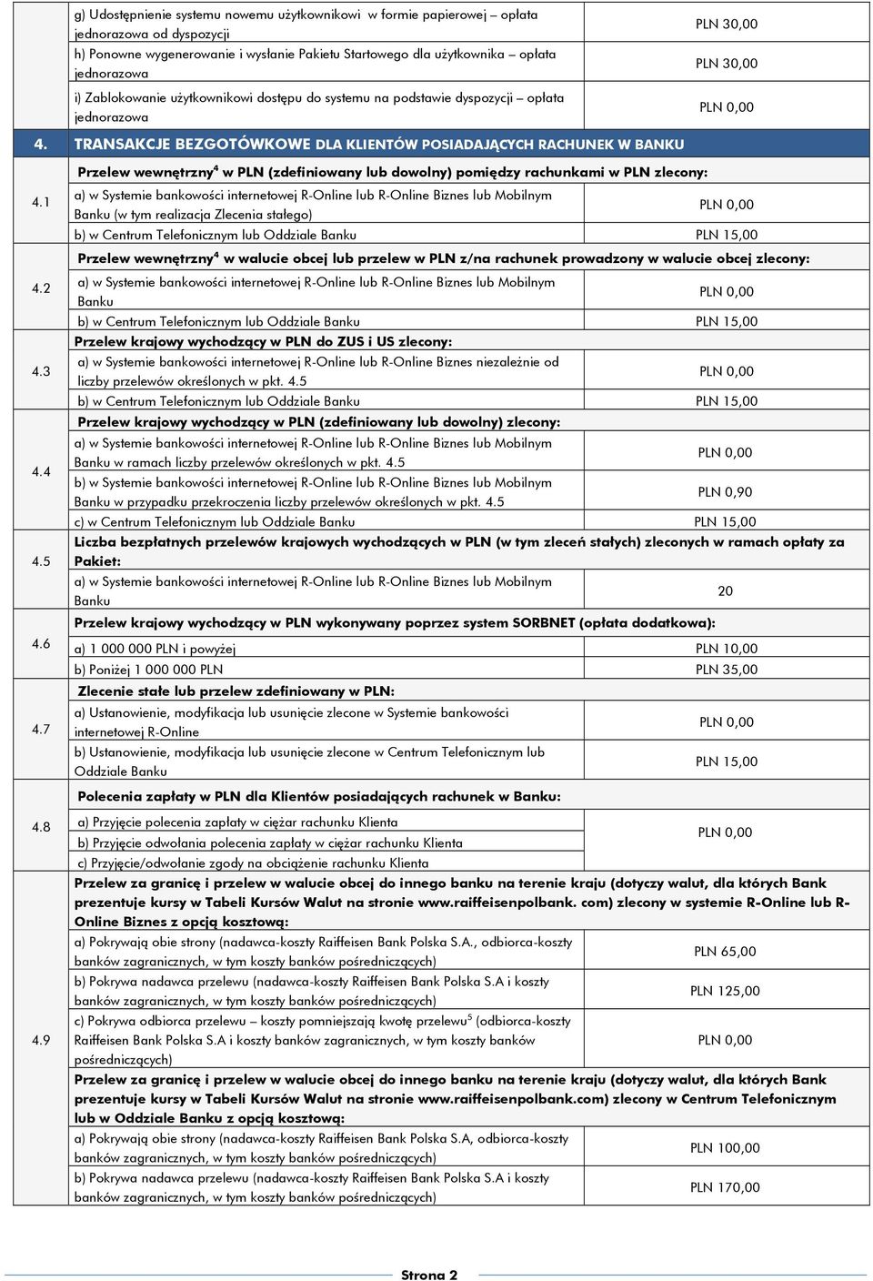 TRANSAKCJE BEZGOTÓWKOWE DLA KLIENTÓW POSIADAJĄCYCH RACHUNEK W BANKU Przelew wewnętrzny 4 w PLN (zdefiniowany lub dowolny) pomiędzy rachunkami w PLN zlecony: 4.1 4.2 4.3 4.4 4.5 4.6 4.
