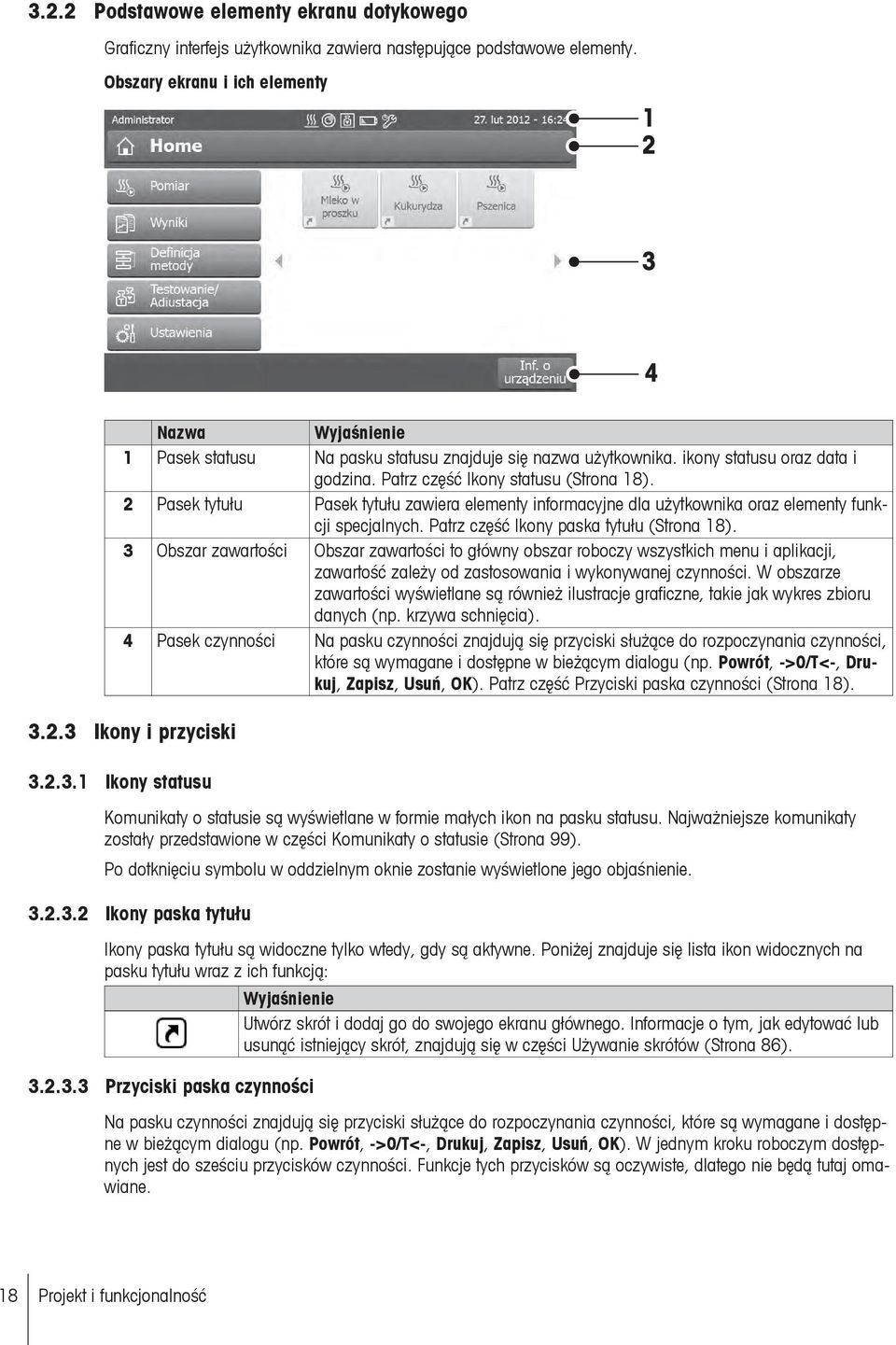 2 Pasek tytułu Pasek tytułu zawiera elementy informacyjne dla użytkownika oraz elementy funkcji specjalnych. Patrz część Ikony paska tytułu (Strona 18).
