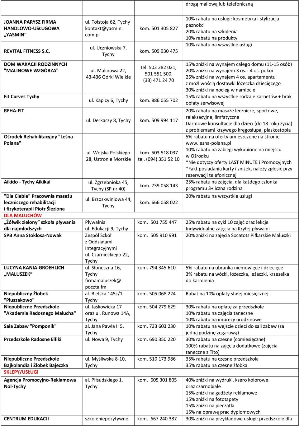 886 055 702 ul. Derkaczy 8, kom. 509 994 117 ul. Wojska Polskiego 28, Ustronie Morskie Aikido - Aikikai ul. Zgrzebnioka 45, (SP nr 40) "Dla Ciebie" Pracownia masażu ul.