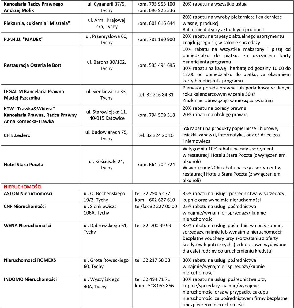 Leclerc Hotel Stara Poczta NIERUCHOMOŚCI ASTON Nieruchomości CNF Nieruchomości ul. Cyganerii 37/5, ul. Armii Krajowej 27a, ul. Przemysłowa 60, ul. Barona 30/102, ul. Sienkiewicza 33, ul.