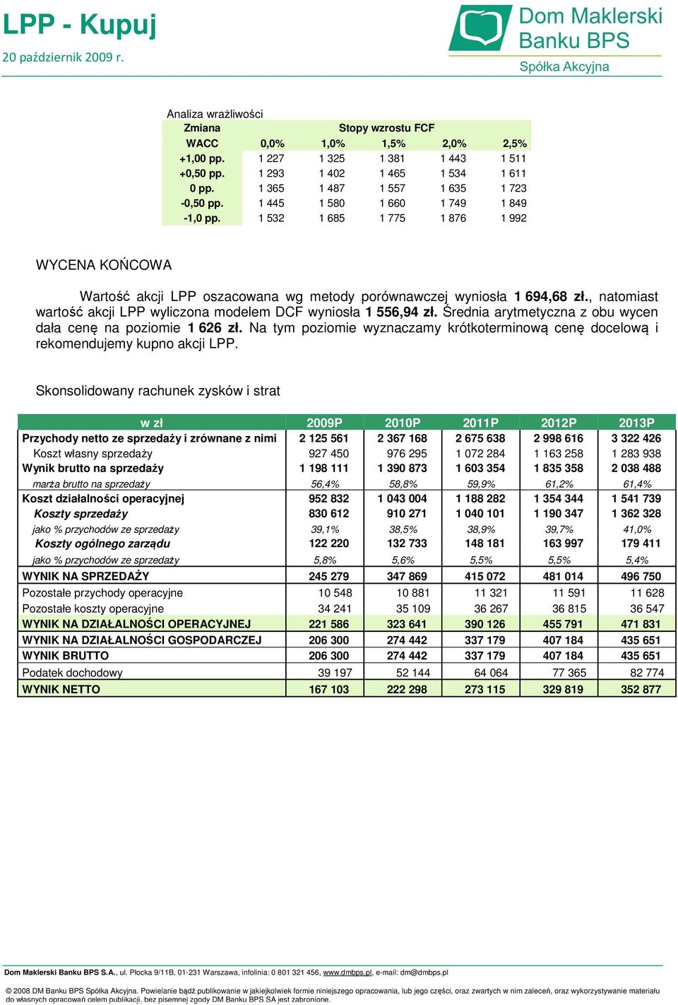 , natomiast wartość akcji LPP wyliczona modelem DCF wyniosła 1 556,94 zł. Średnia arytmetyczna z obu wycen dała cenę na poziomie 1 626 zł.