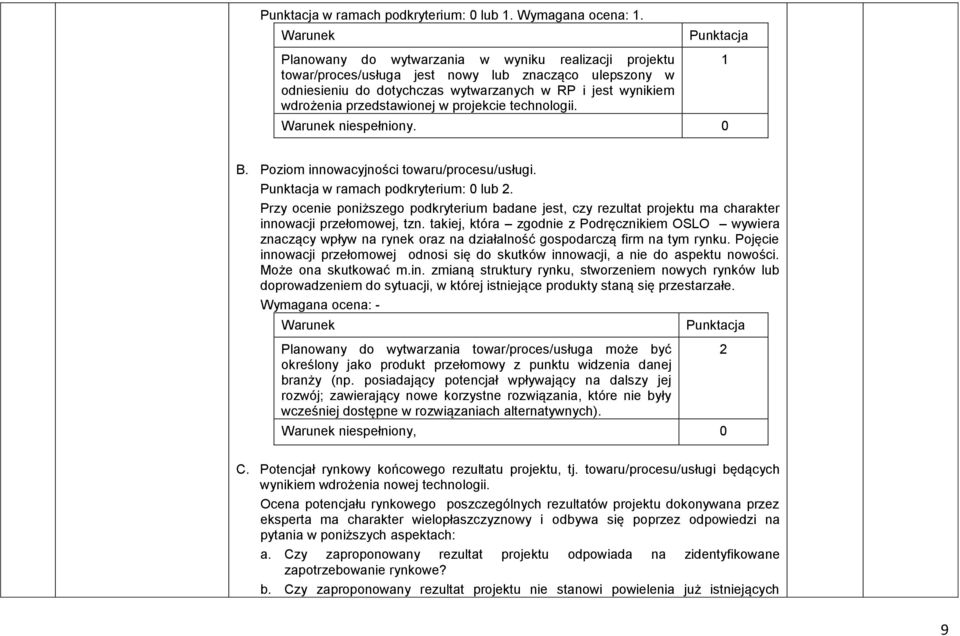 przedstawionej w projekcie technologii. Warunek niespełniony. 0 1 B. Poziom innowacyjności towaru/procesu/usługi. Punktacja w ramach podkryterium: 0 lub 2.