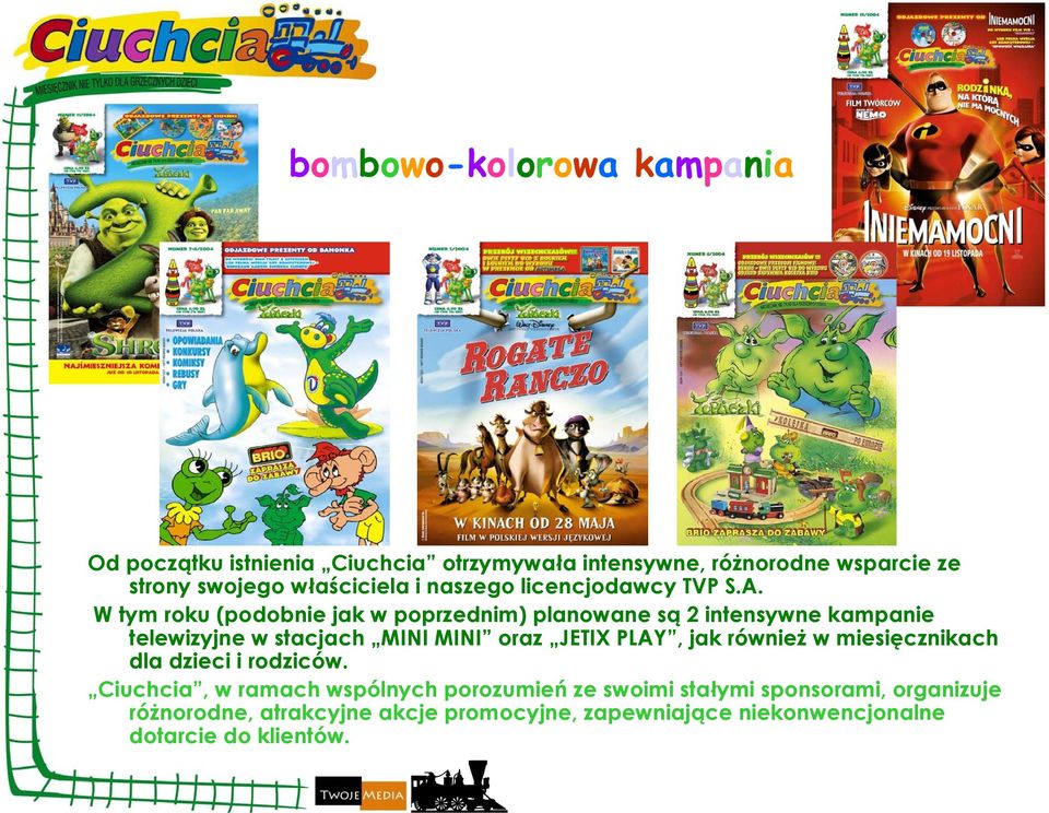 W tym roku (podobnie jak w poprzednim) planowane są 2 intensywne kampanie telewizyjne w stacjach MINI MINI oraz JETIX PLAY, jak