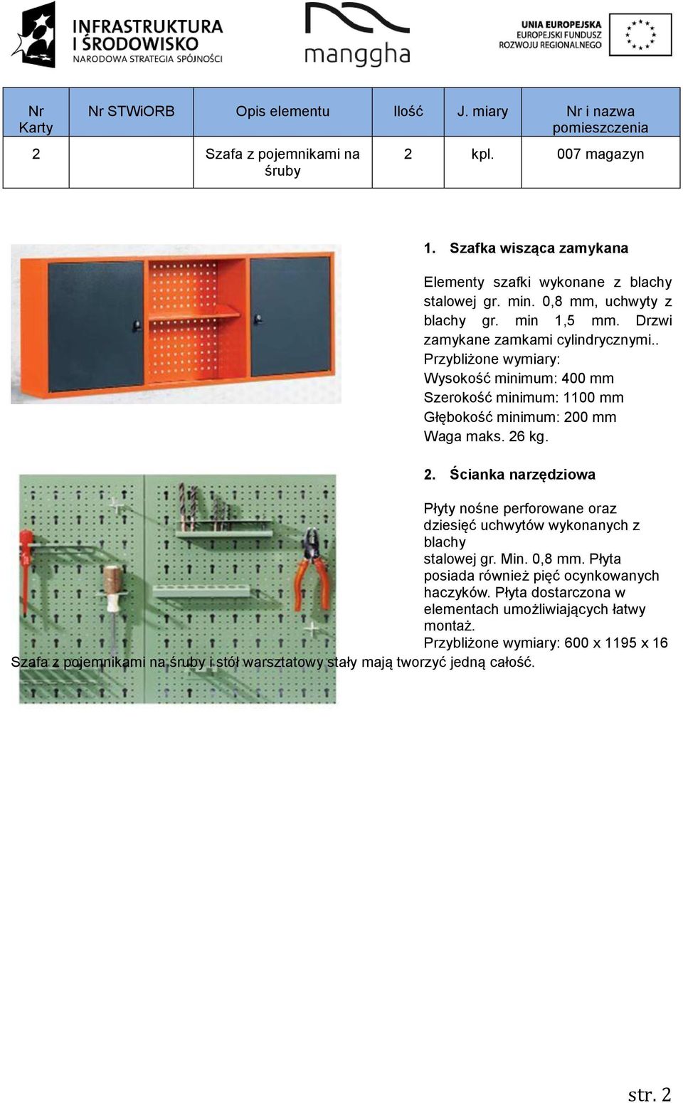 0 mm Waga maks. 26 kg. 2. Ścianka narzędziowa Płyty nośne perforowane oraz dziesięć uchwytów wykonanych z blachy stalowej gr. Min. 0,8 mm.