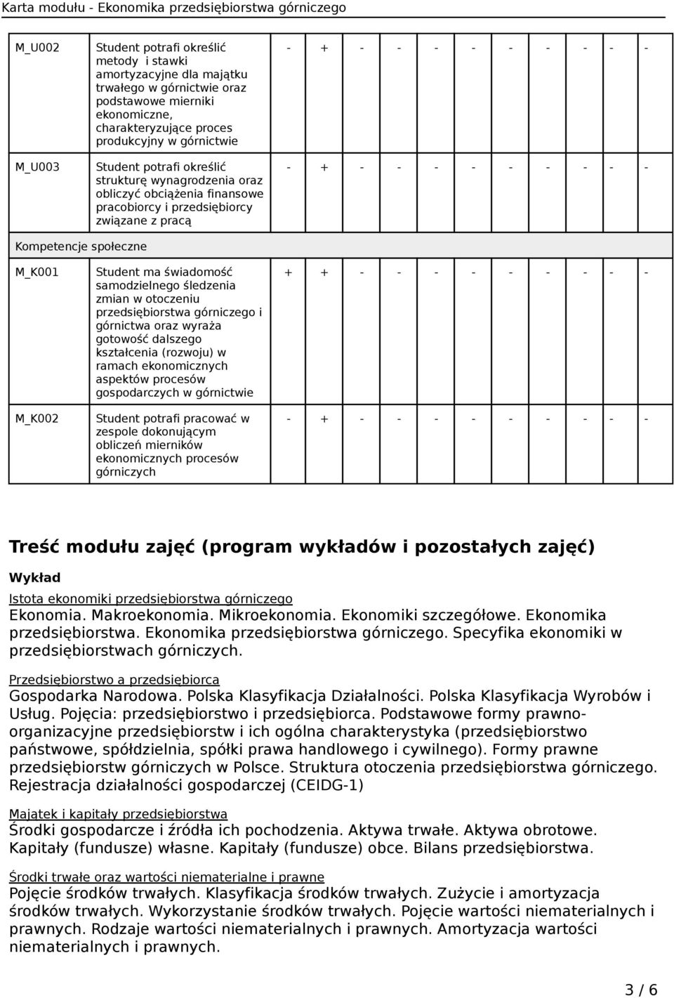 M_K002 Student ma świadomość samodzielnego śledzenia zmian w otoczeniu przedsiębiorstwa górniczego i górnictwa oraz wyraża gotowość dalszego kształcenia (rozwoju) w ramach ekonomicznych aspektów