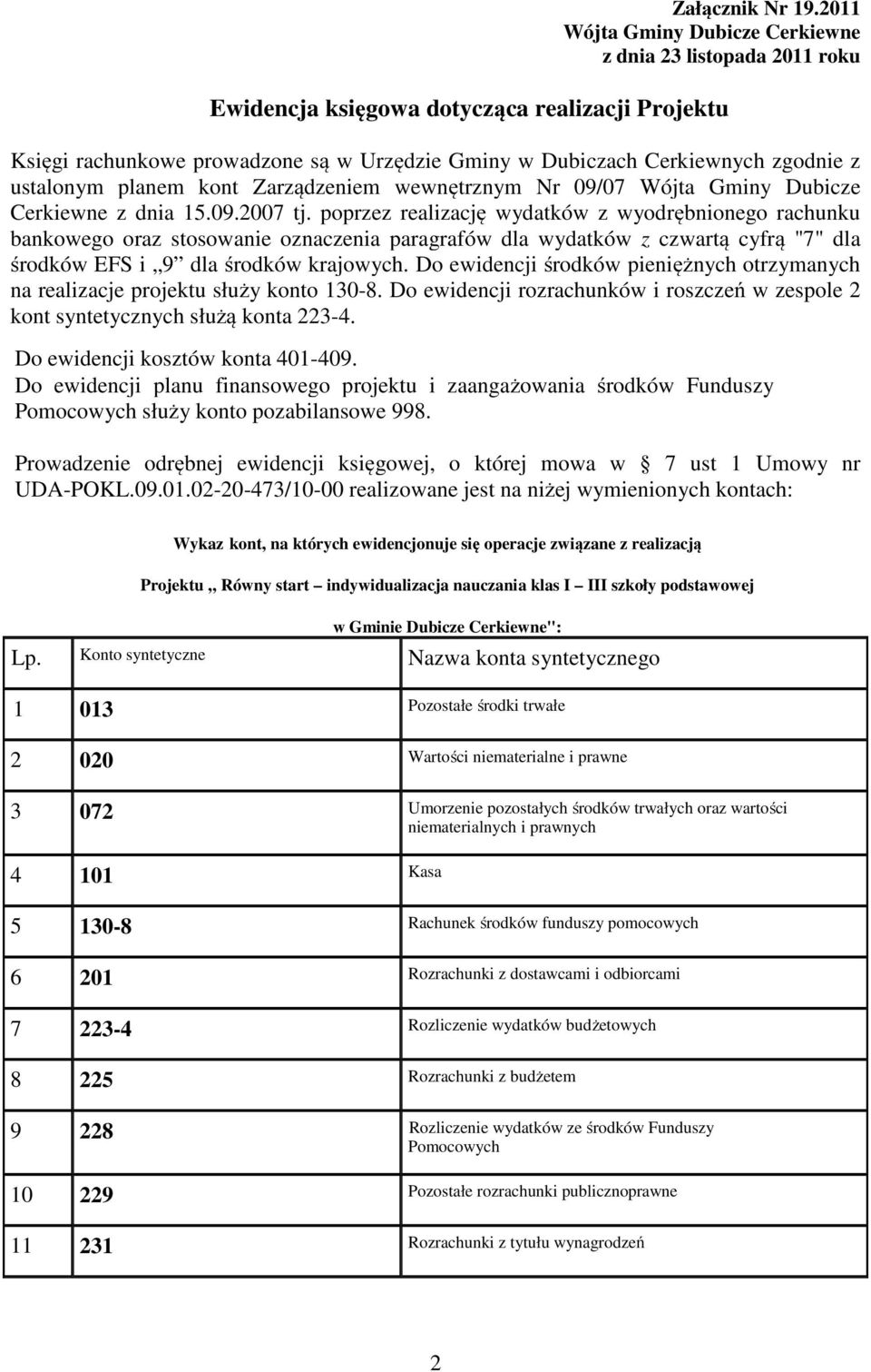ustalonym planem kont Zarządzeniem wewnętrznym Nr 09/07 Wójta Gminy Dubicze Cerkiewne z dnia 15.09.2007 tj.