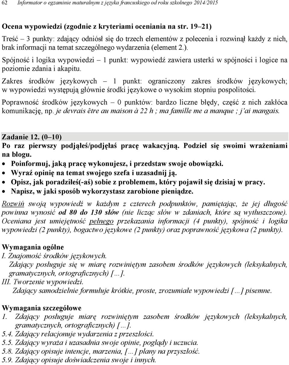 Zakres środków językowych 1 punkt: ograniczony zakres środków językowych; w wypowiedzi występują głównie środki językowe o wysokim stopniu pospolitości.