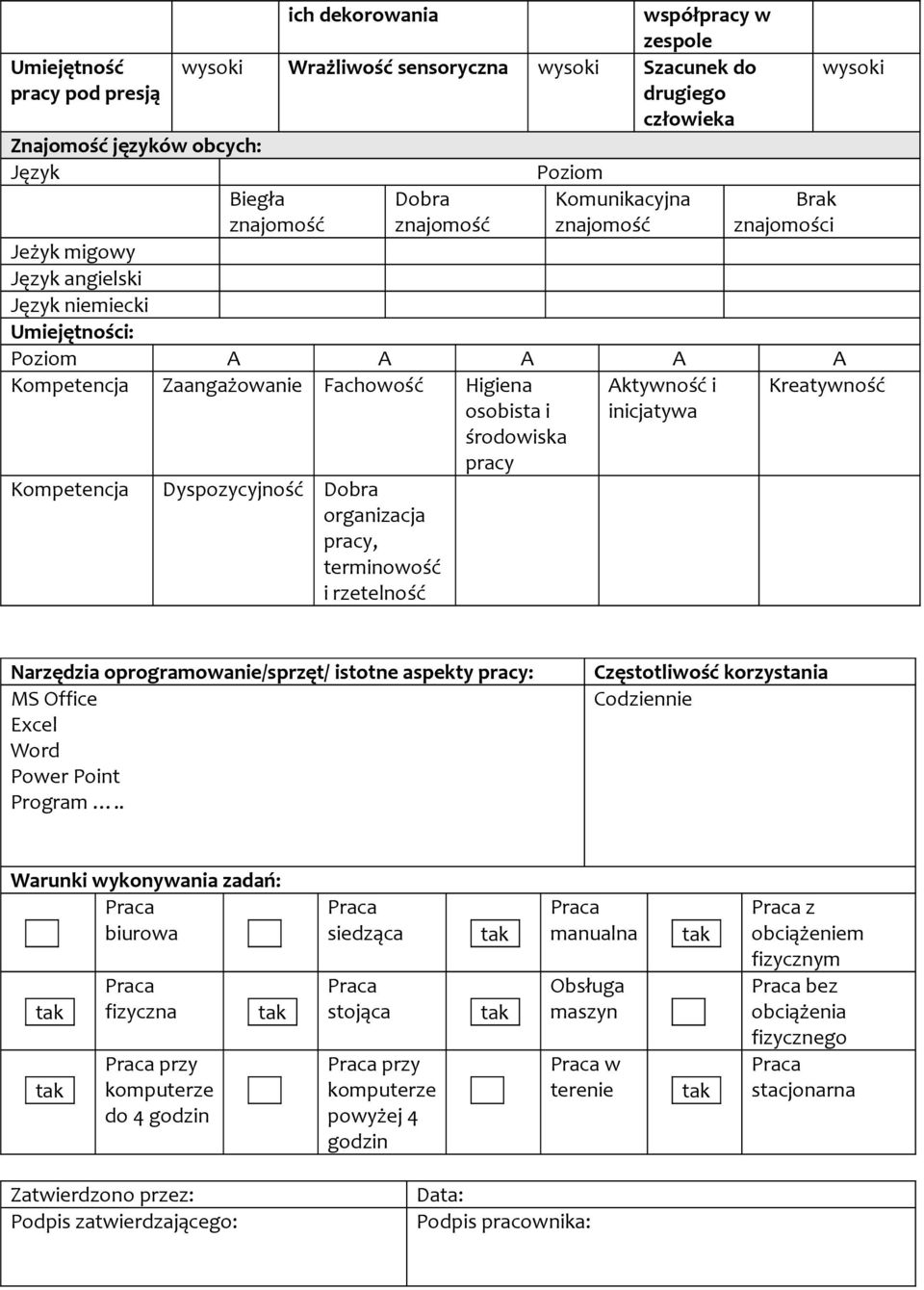 Dyspozycyjność Dobra organizacja pracy, terminowość i rzetelność Aktywność i inicjatywa Kreatywność Narzędzia oprogramowanie/sprzęt/ istotne aspekty pracy: MS Office Excel Word Power Point Program.