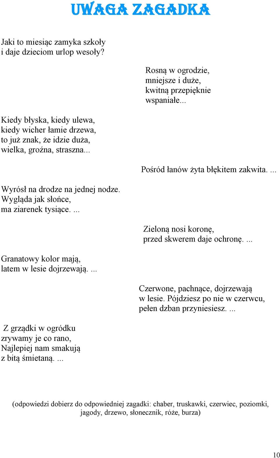 ... Z grządki w ogródku zrywamy je co rano, Najlepiej nam smakują z bitą śmietaną.... Rosną w ogrodzie, mniejsze i duże, kwitną przepięknie wspaniałe... Pośród łanów żyta błękitem zakwita.