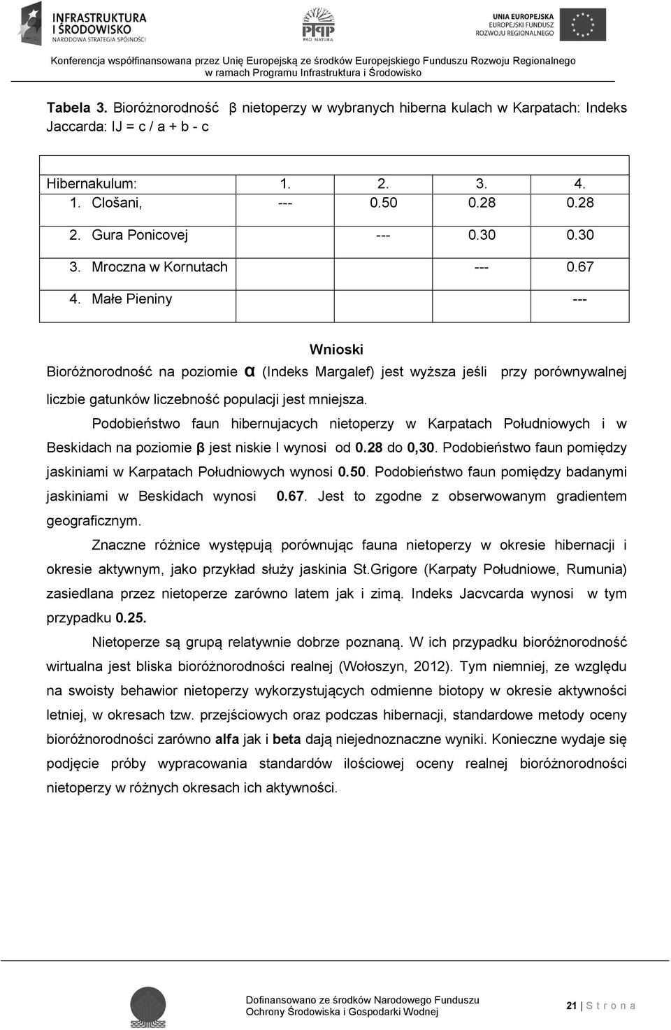 Małe Pieniny --- Wnioski Bioróżnorodność na poziomie α (Indeks Margalef) jest wyższa jeśli przy porównywalnej liczbie gatunków liczebność populacji jest mniejsza.