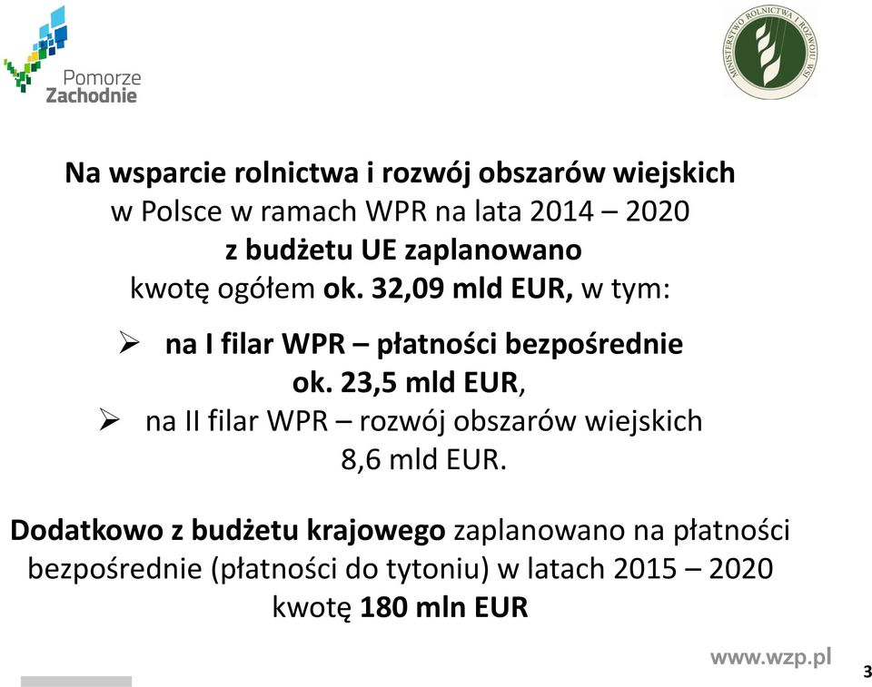 32,09 mld EUR, w tym: na I filar WPR płatności bezpośrednie ok.