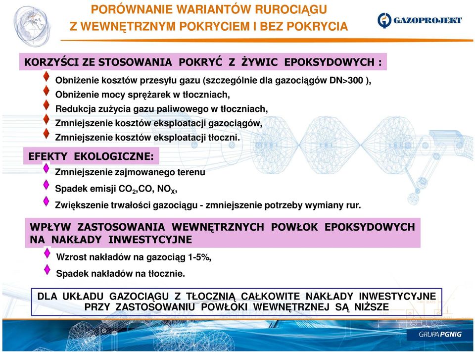 EFEKTY EKOLOGICZNE: Zmniejszenie zajmowanego terenu Spadek emisji CO 2,CO, NO X, Zwiększenie trwałości gazociągu - zmniejszenie potrzeby wymiany rur.