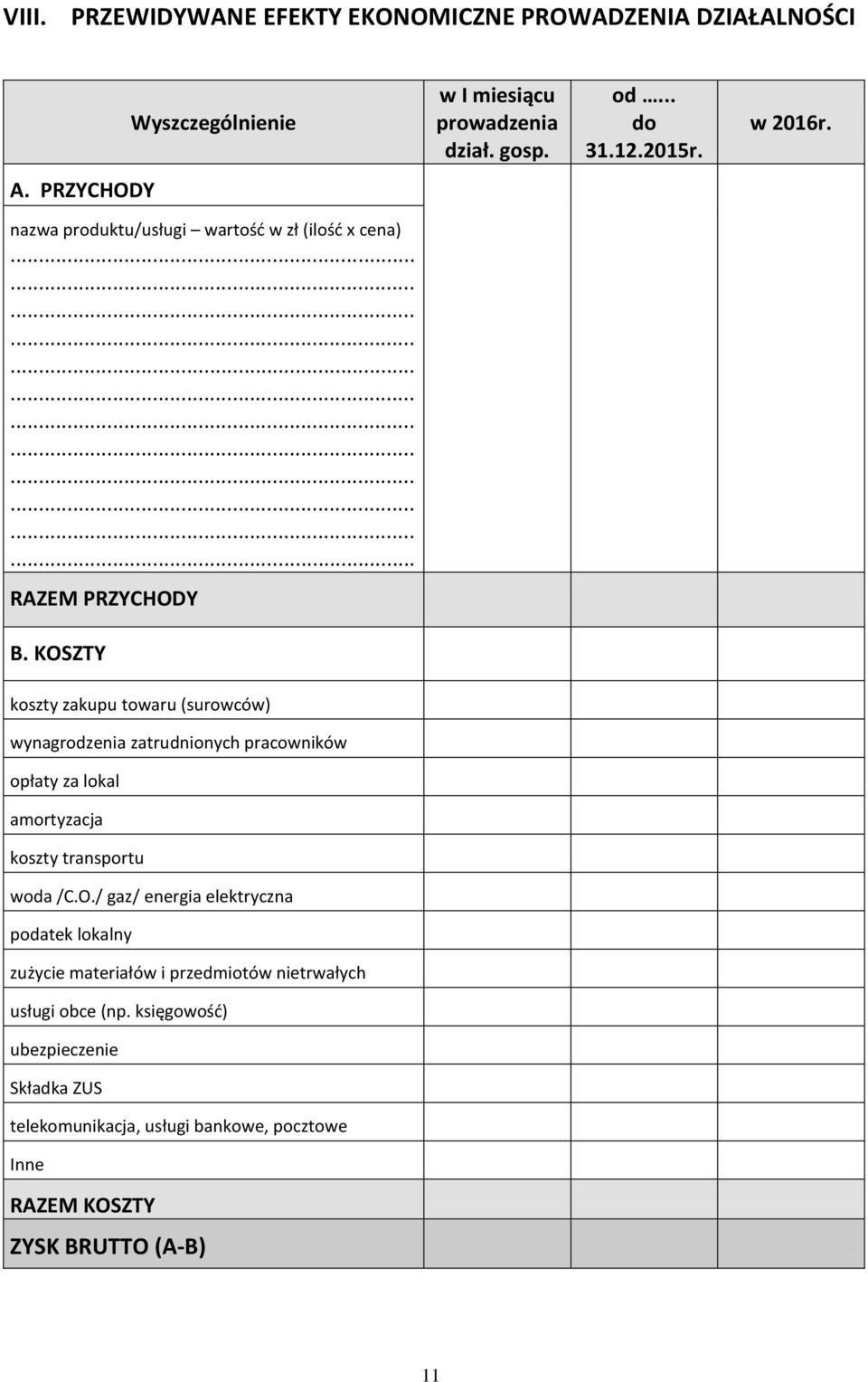 KOSZTY koszty zakupu towaru (surowców) wynagrodzenia zatrudnionych pracowników opłaty za lokal amortyzacja koszty transportu woda /C.O./ gaz/ energia elektryczna podatek lokalny zużycie materiałów i przedmiotów nietrwałych usługi obce (np.