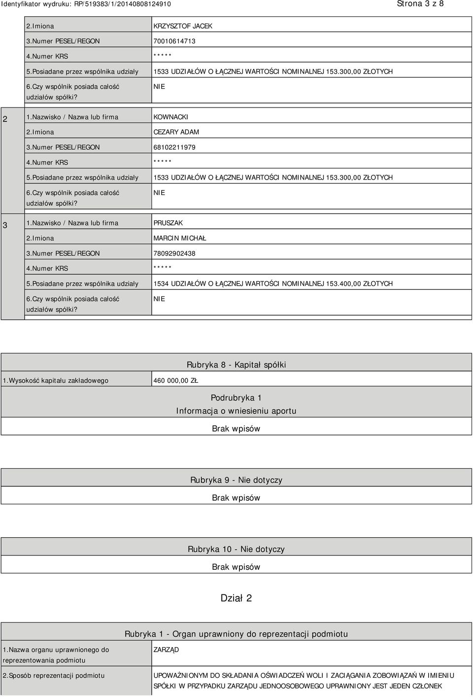 Posiadane przez wspólnika udziały 6.Czy wspólnik posiada całość udziałów spółki? 1533 UDZIAŁÓW O ŁĄCZNEJ WARTOŚCI NOMINALNEJ 153.300,00 ZŁOTYCH 3 1.Nazwisko / Nazwa lub firma PRUSZAK MARCIN MICHAŁ 3.