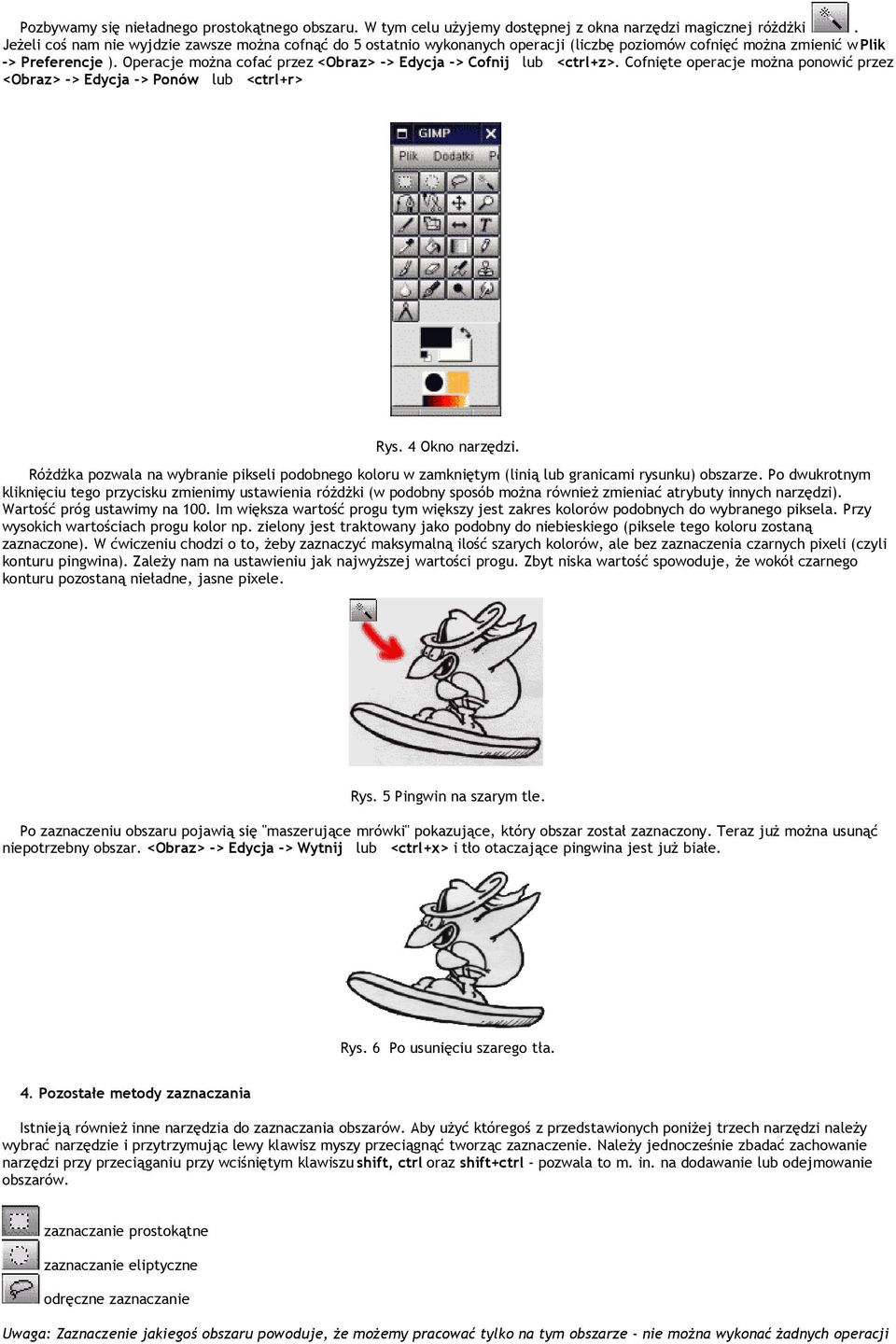 Operacje można cofać przez <Obraz> -> Edycja -> Cofnij lub <ctrl+z>. Cofnięte operacje można ponowić przez <Obraz> -> Edycja -> Ponów lub <ctrl+r> Rys. 4 Okno narzędzi.