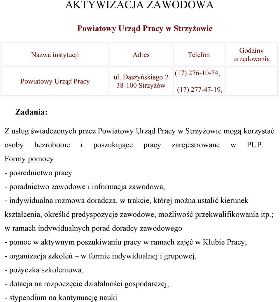 Formy pomocy - pośrednictwo pracy - poradnictwo zawodowe i informacja zawodowa, - indywidualna rozmowa doradcza, w trakcie, której można ustalić kierunek kształcenia, określić predyspozycje