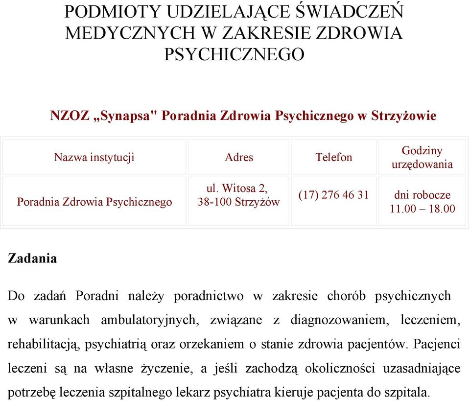 00 Zadania Do zadań Poradni należy poradnictwo w zakresie chorób psychicznych w warunkach ambulatoryjnych, związane z diagnozowaniem, leczeniem,