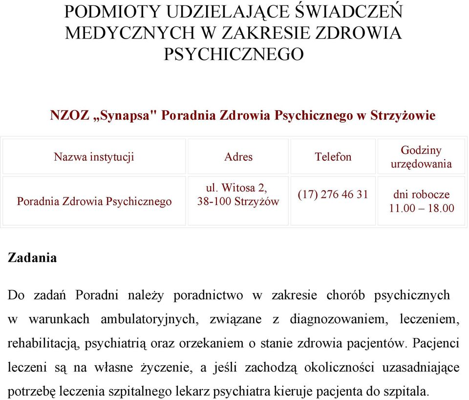 00 Zadania Do zadań Poradni należy poradnictwo w zakresie chorób psychicznych w warunkach ambulatoryjnych, związane z diagnozowaniem, leczeniem,