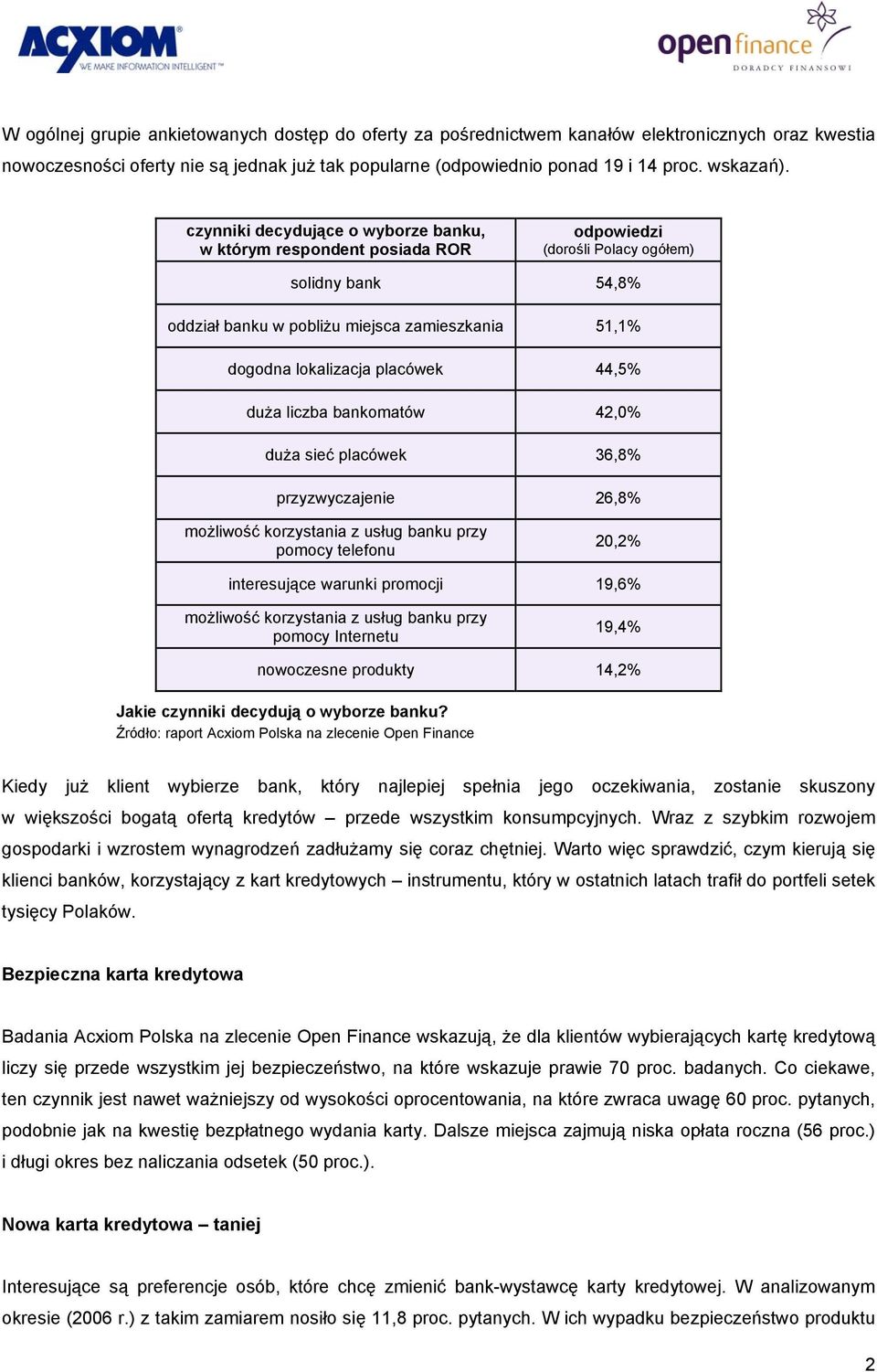 duża liczba bankomatów 42,0% duża sieć placówek 36,8% przyzwyczajenie 26,8% możliwość korzystania z usług banku przy pomocy telefonu 20,2% interesujące warunki promocji 19,6% możliwość korzystania z