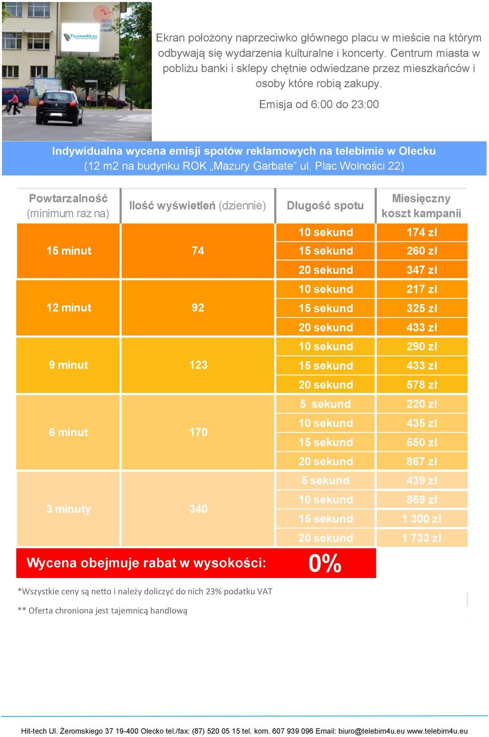 Emisja od 6:00 do 23:00 Indywidualna wycena emisji spotów reklamowych na telebimie w Olecku (12 m2 na budynku ROK Mazury Garbate ul.