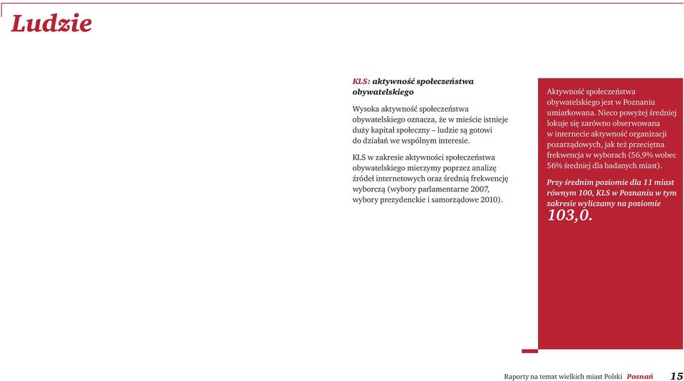 KLS w zakresie aktywności społeczeństwa obywatelskiego mierzymy poprzez analizę źródeł internetowych oraz średnią frekwencję wyborczą (wybory parlamentarne 2007, wybory prezydenckie i samorządowe