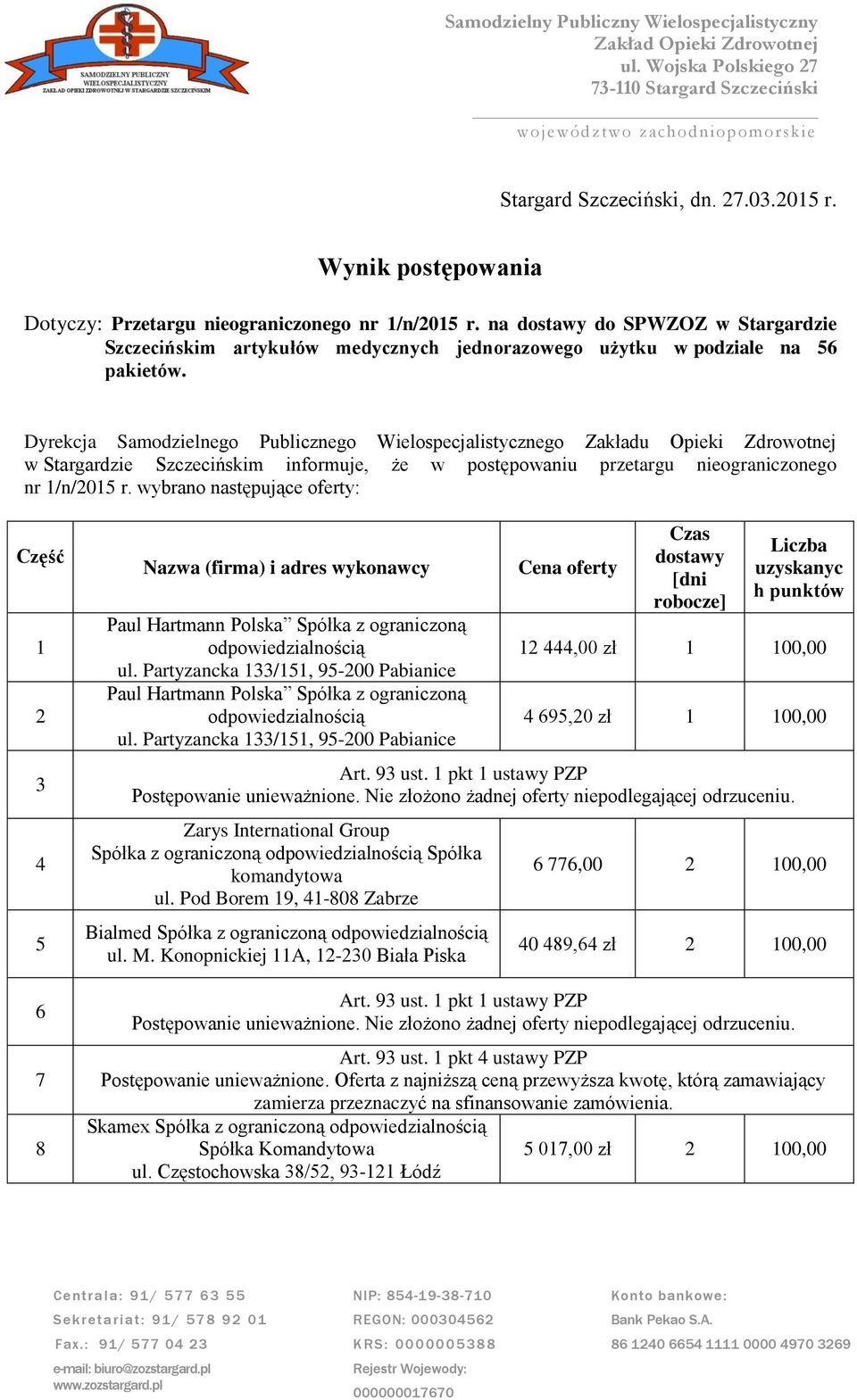 Dyrekcja Samodzielnego Publicznego Wielospecjalistycznego Zakładu Opieki Zdrowotnej w Stargardzie Szczecińskim informuje, że w postępowaniu przetargu nieograniczonego nr 1/n/2015 r.