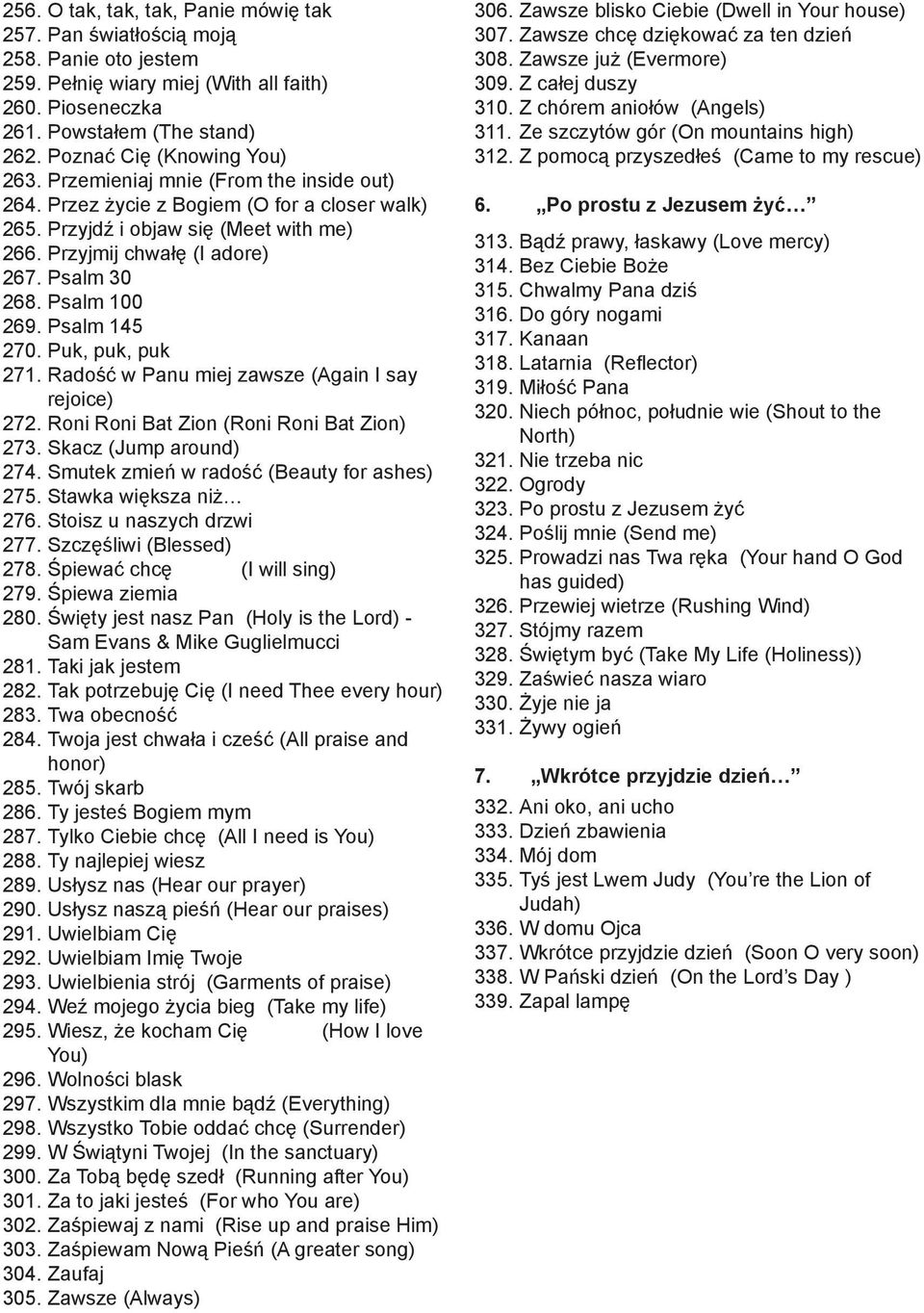 Psalm 30 268. Psalm 100 269. Psalm 145 270. Puk, puk, puk 271. Radość w Panu miej zawsze (Again I say rejoice) 272. Roni Roni Bat Zion (Roni Roni Bat Zion) 273. Skacz (Jump around) 274.