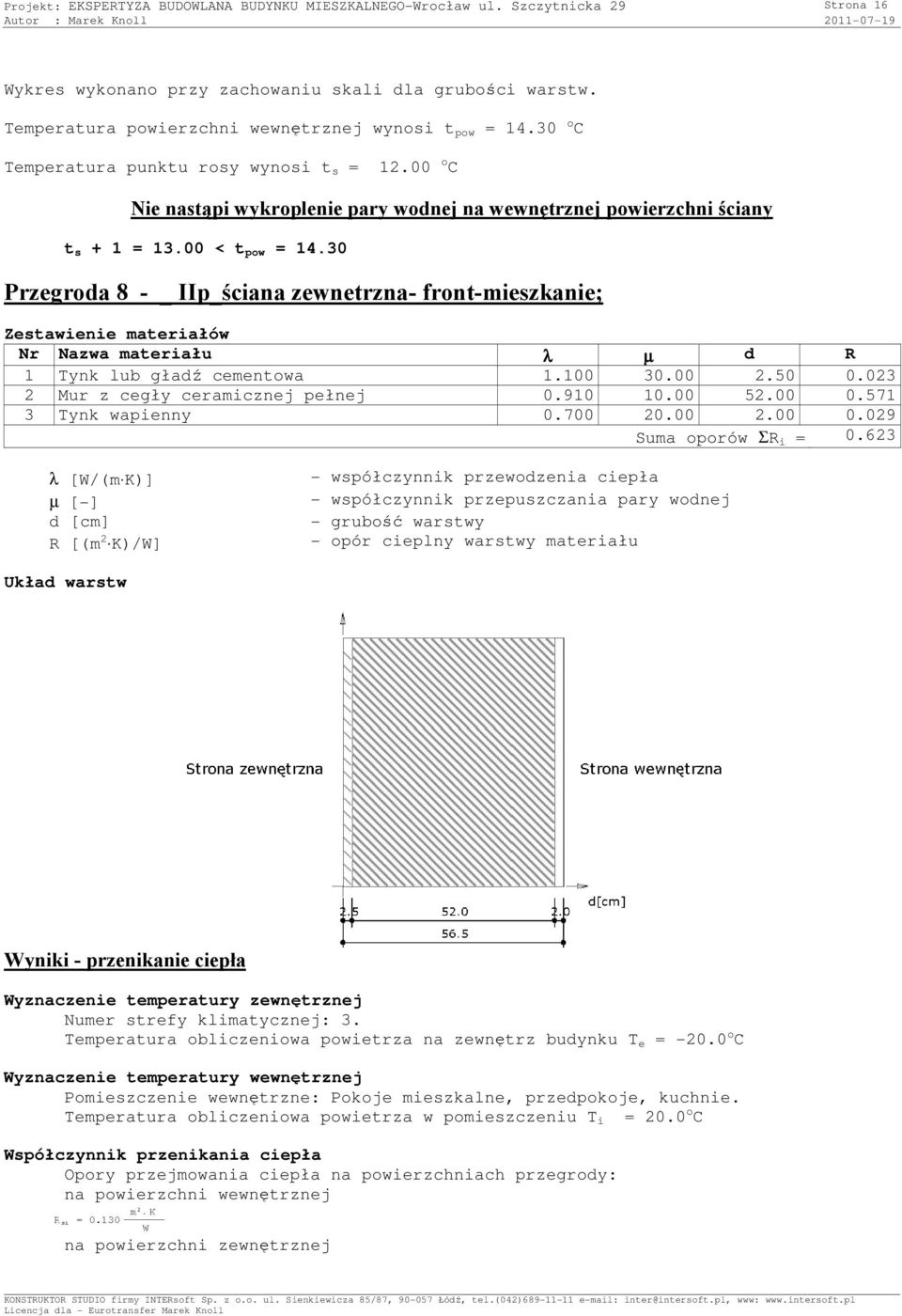 00 < t pow = 14.30 Przegroda 8 - _ IIp_ściana zewnetrzna- front-mieszkanie; Zestawienie materiałów Nr Nazwa materiału λ µ d R 1 Tynk lub gładź cementowa 1.100 30.00 2.50 0.