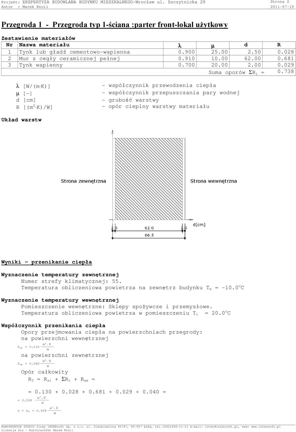028 2 Mur z cegły ceramicznej pełnej 0.910 10.00 62.00 0.681 3 Tynk wapienny 0.700 20.00 2.00 0.029 Suma oporów ΣR i = 0.