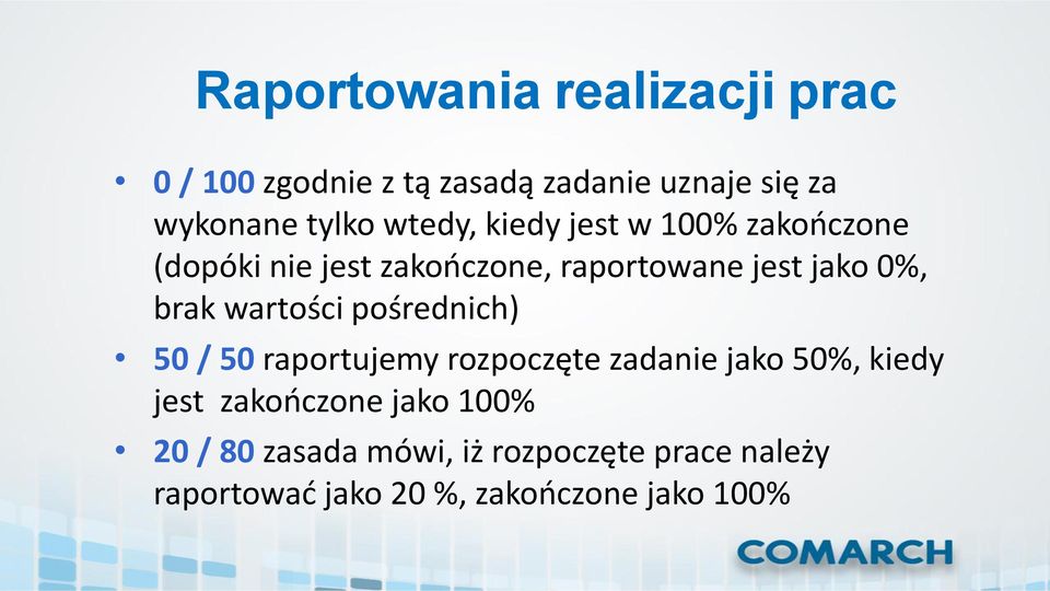 wartości pośrednich) 50 / 50 raportujemy rozpoczęte zadanie jako 50%, kiedy jest zakończone